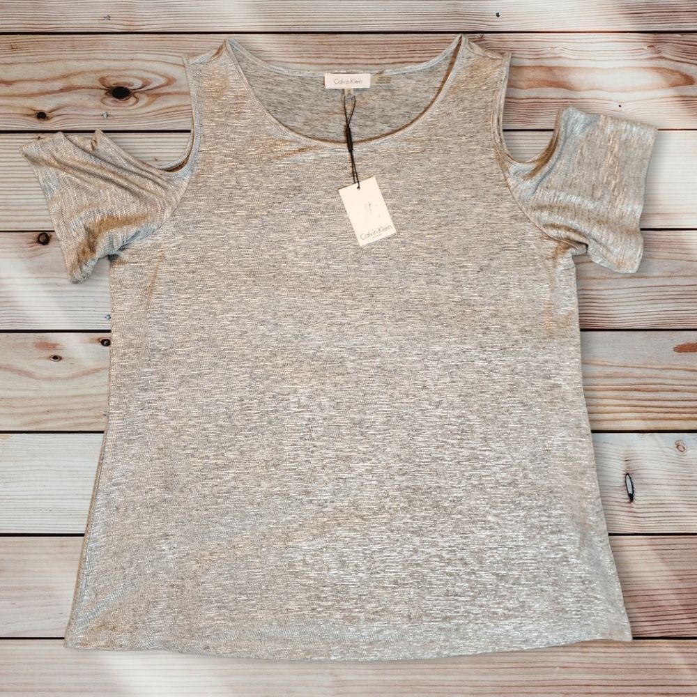 NWT Calvin Klein shimmer metallic cold shoulder top